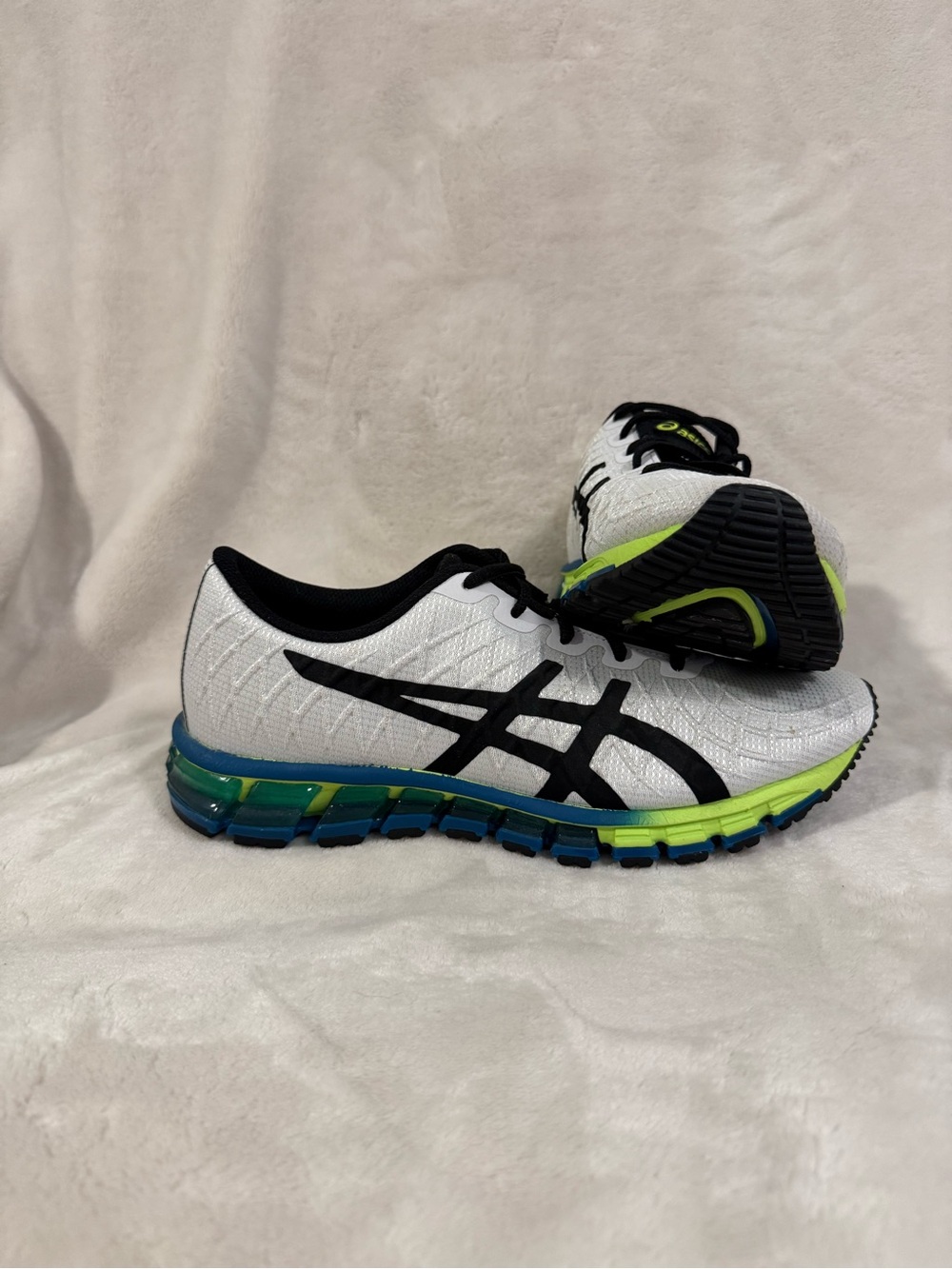 ASICS Men's White Shoes with Black Accents and Green-Blue Sole